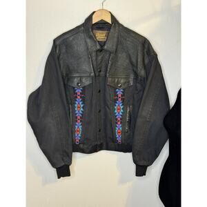 Vintage 80’s David James Aztec Native Leather/Canvas Jacket Size XL Made In USA